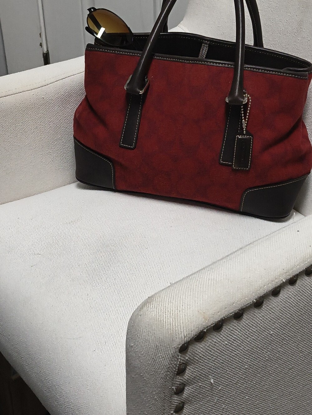 Coach Hamptons Weekend Signature Suede Tote Bag Red Brown Leather Excellent Cond - Picture 12 of 15